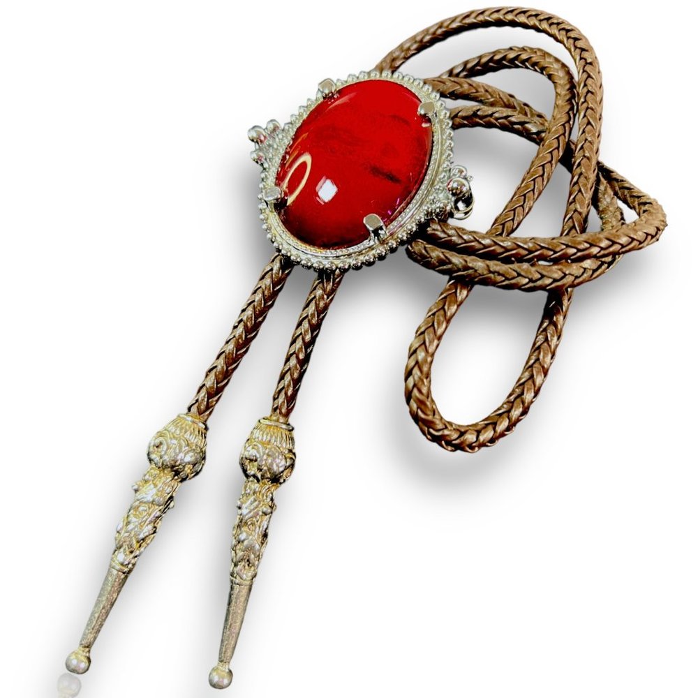 Vintage Wesern Bolo Tie Leather Lariat Necklace Red Polished Stone Silver Tips